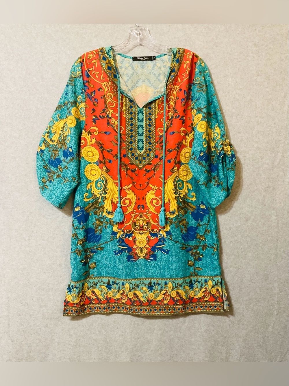 Urban Coco Vibrant Turquoise & Orange Boho MINI DRESS Sz S